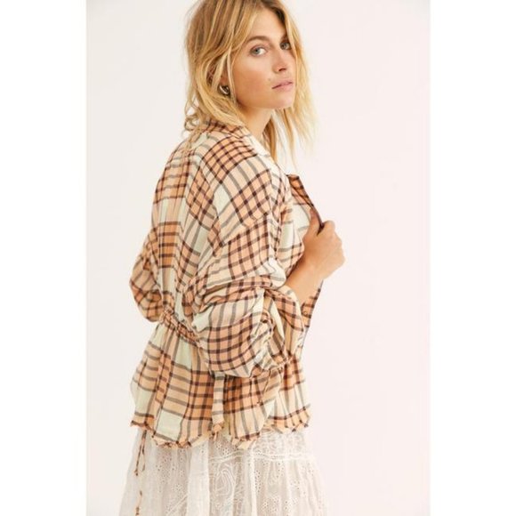 Free People Tops - NWT Free People Pacific Dawn Plaid XS Peach Blouse Top Button Down